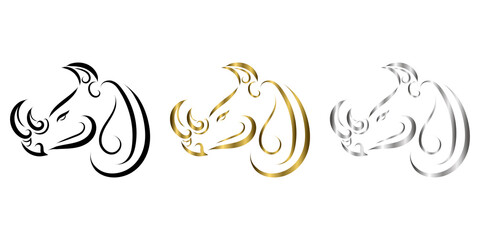 three color black gold and silver line art of rhino head. Good use for symbol, mascot, icon, avatar, tattoo, T Shirt design, logo or any design.
