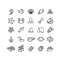 Seafood Sign Black Thin Line Icon Set. Vector