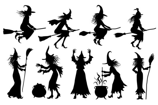 Halloweens witches silhouettes set. Vector illustrations