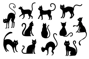 Halloween cats silhouette. Black cat silhouettes isolaed on white background