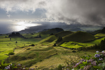 Landscape view from Miradouro do Pico do Carvao, Sao Miguel island, Azores