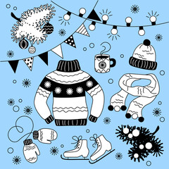 Winter New Year holidays. A vector set on an isolated background. Cozy doodles with drawings of winter clothes and festive decor are suitable for postcards, stickers, Christmas prints.