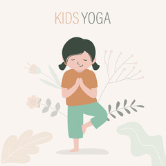 Little child keeps balance in tree pose. Female character practicing hatha yoga. Cute girl stands in vrikshasana