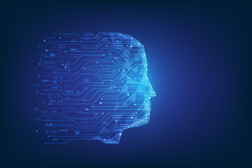artificial intelligence technology circuit Human head lowpoly. Big data learning wireframe. vector illustration in fantastic technology. Robot digital brain concept.