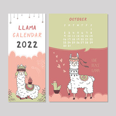 Calendar 2022, Sunday first. October month. Schedule template with cute llama. New 2022 year calendar with alpaca. Funny animal giving love and peace. Scandinavian style.