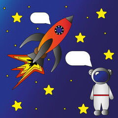 Vector Illustration Of Space. Space flat vector background with rocket, spaceship,astronaut, stars.