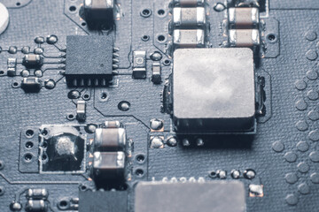 Fototapeta premium Laptop motherboard close up with resistors transistors