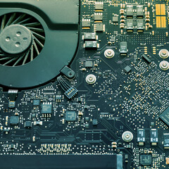 Circuit Board.  Extreme Close Up. Green printed computer motherboard with microcircuit. Stock Image.