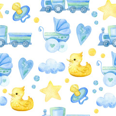 Watercolor illustration. Newborn boy. Seamless pattern with baby items. On white background