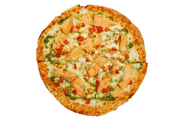 Pizza with salmon and tomatoes isolated on white