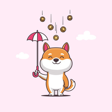 Cute kawaii shiba inu pu[[y character holding umbrela while it's raining coins vector cartoon illustration