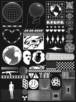 Large set of abstract elements. Set in Acid Graphic style, templates for your projects, Collection of trendy vector objects