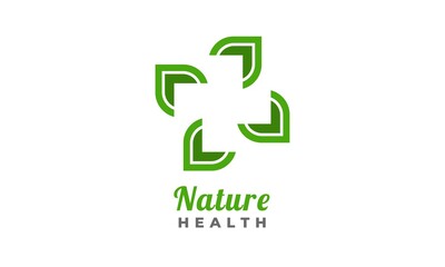 Nature health logo. Four green leaves around negative space of cross shape. Usable for medical, clinic, hospital, and health care symbols.