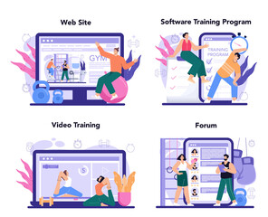 Fitness trainer online service or platform set. Workout in the gym