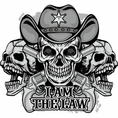 western, skull with cowboy hat and guns, grunge vintage design t shirts