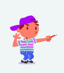 cartoon character of little boy on jeans doubts while pointing to the side with a pencil.