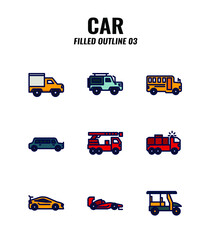 Cars icon set on white background. Filled outline icons set4. Vector illustration.