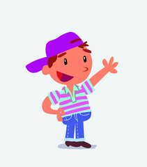 cartoon character of little boy on jeans explaining something while pointing.