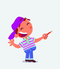 cartoon character of little boy on jeans is happy while pointing to the side with a pencil.