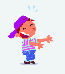 cartoon character of little boy on jeans laughing a lot while showing something.
