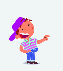 cartoon character of little boy on jeans points to his side while laughing.