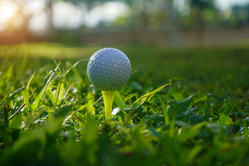 Golf ball on tee in beautiful golf course at sunset background.
