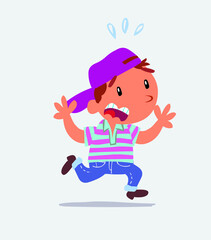 cartoon character of little boy on jeans runs away in terror.