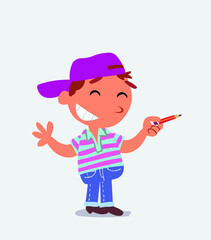 cartoon character of little boy on jeans says something funny while pointing to the side with a pencil.