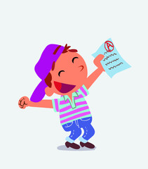 euphoric cartoon character of little boy on jeans raises his arms with exam in hand.