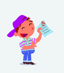 happy cartoon character of little boy on jeans explaining something with exam in hand.