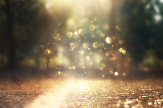 blurred abstract photo of light burst among lonely tree and glitter golden bokeh lights