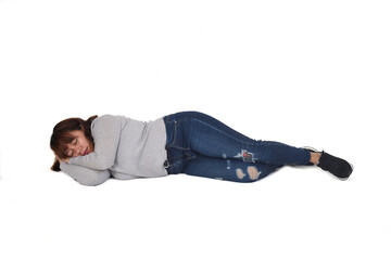 front view of a woman lying on the on white background