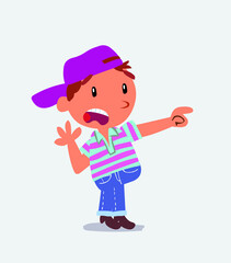 Surprised cartoon character of little boy on jeans pointing at something.