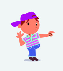 Surprised cartoon character of little boy on jeans points to something to his side.