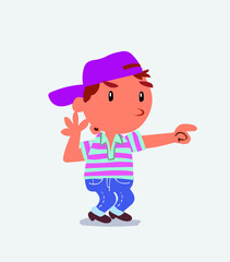 Surprised cartoon character of little boy on jeans points to something.
