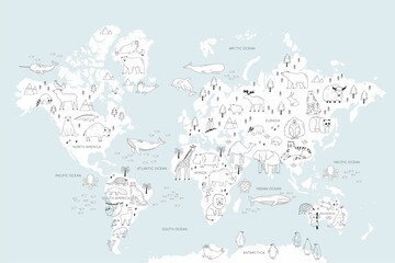 Animals world map for kids. Poster with cute vector animals in flat style. Cartoon doodle characters in scandinavian style for children - coloring page. Big coloring poster © NadezdaBarkova