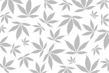 Light grey cannabis leaves in different sizes scattered unevenly on a white background, flat design illustration, concept or idea for medical marijuana dispensary or CBD oils also known as cannabidiol