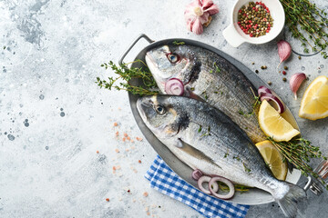 Raw dorado fresh fish or sea bream with ingredients for making lemon, thyme, garlic, cherry tomato and salt on light grey slate, stone or concrete background. Top view with copy space.
