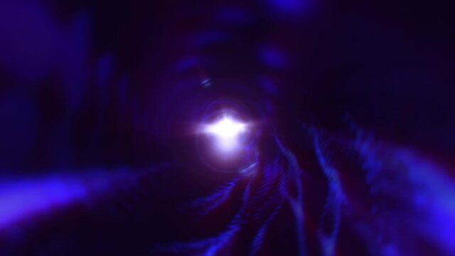 Abstract loop dark purple blue mesh digital flying lines motion and illuminated matrix light effect in tunnel cave. Futuristic mesh neon background, ultra violet glowing lines, laser rays, speed of li