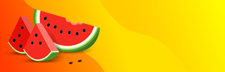 Yellow Summer template banner with Watermelon. 3D slice Watermelon with drinking straw