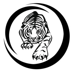 An illustration of a tiger or a wild cat with huge claws and fangs. A bloodthirsty predator before hunting a victim. An idea for a tattoo. a relative of a lion, cougar, leopard or cheetah