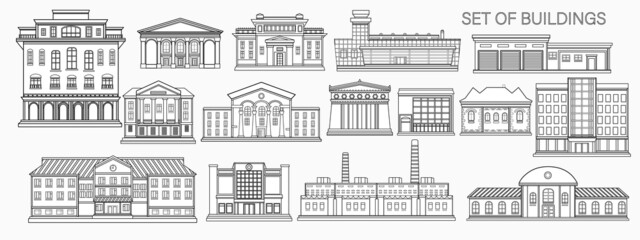 Set of city buildings on a light gray background. Building icons. Outline style.