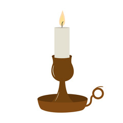 Burning vintage candle in candlestick for creating cozy home interior. Winter and autumn decoration. Hand drawn vector illustration of hygge style design element.