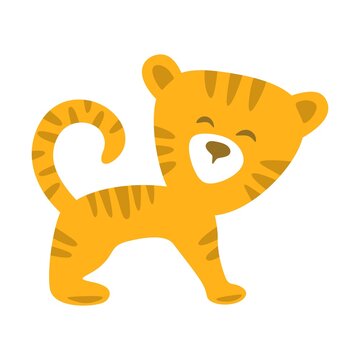 Funny cartoon tiger. Orange striped character on a white background. Children's flat style. Vector illustration.