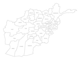 Black outline political map of Afghanistan. Administrative divisions - provinces. Simple flat vector map with labels.