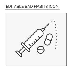 Drug injections line icon. Intravenous drug abuse. Unhealthy addiction. Narcotic.Bad habits concept. Isolated vector illustration. Editable stroke