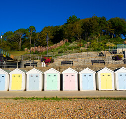 Fototapeta na wymiar Colourful Beach Huts on The Lyme Regis Coast Line on the English South Coast Seaside