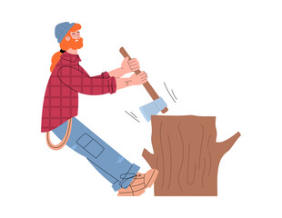 Lumberjack chopping tree trunk with axe, flat vector illustration isolated.