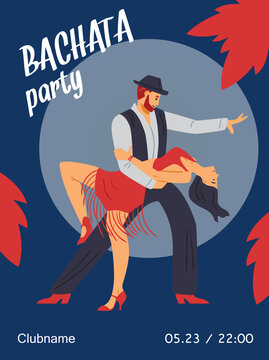 Invitation poster or banner for bachata club party flat vector illustration.