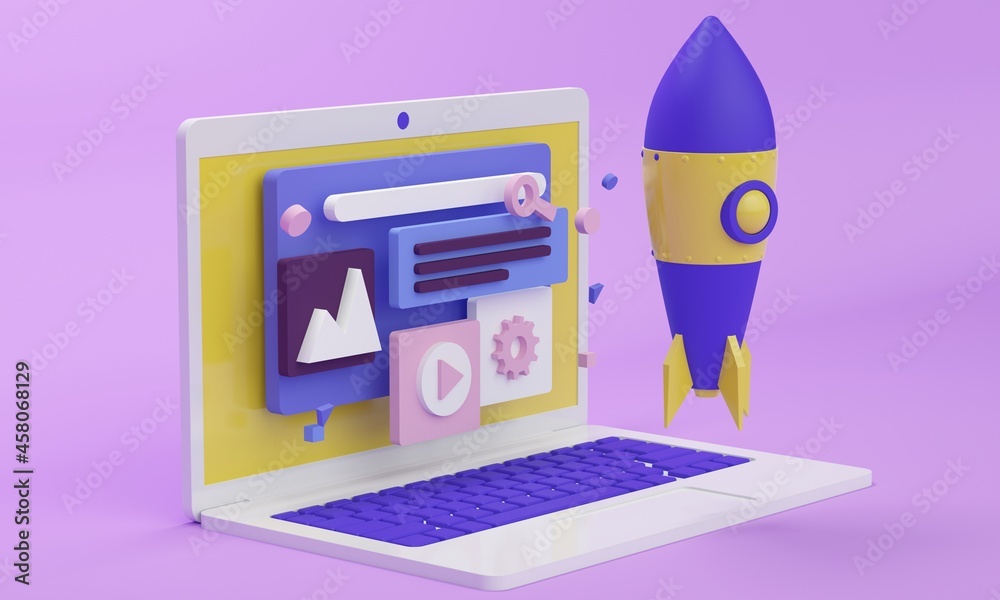 Wall mural laptop with a website on the screen and a space rocket on a lilac background. startup concept. 3d re